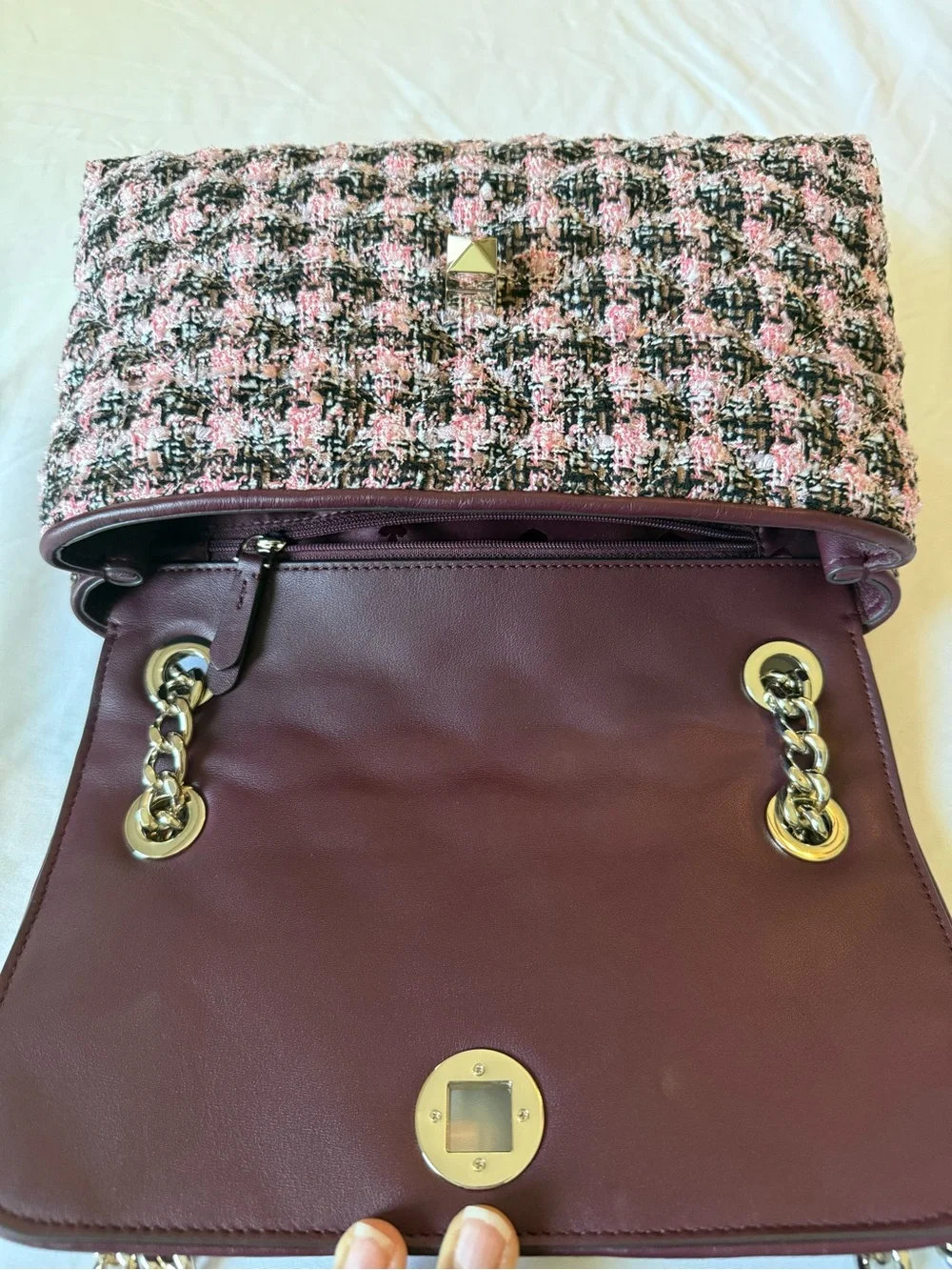 kate spade Pink and Black Tweed Chain Shoulder Bag with Silver Hardware